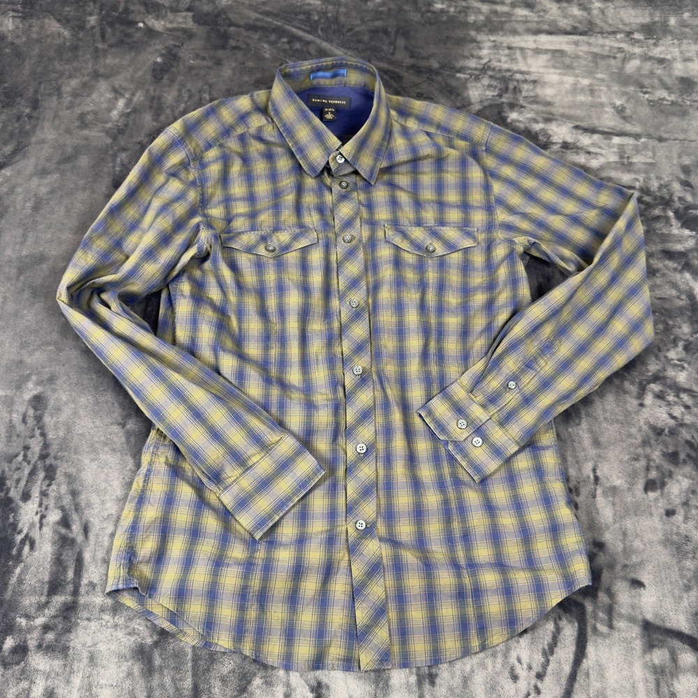 Banana Republic Button‎ Down Shirt Mens S Blue Olive Plaid Stretch Long Sleeve